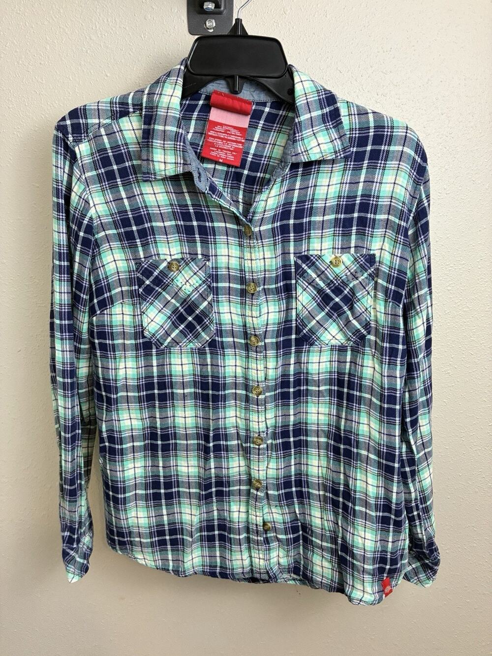 Dickies Womens Medium Plaid Flannel Button Up Shirt Casual Western Travel Blue